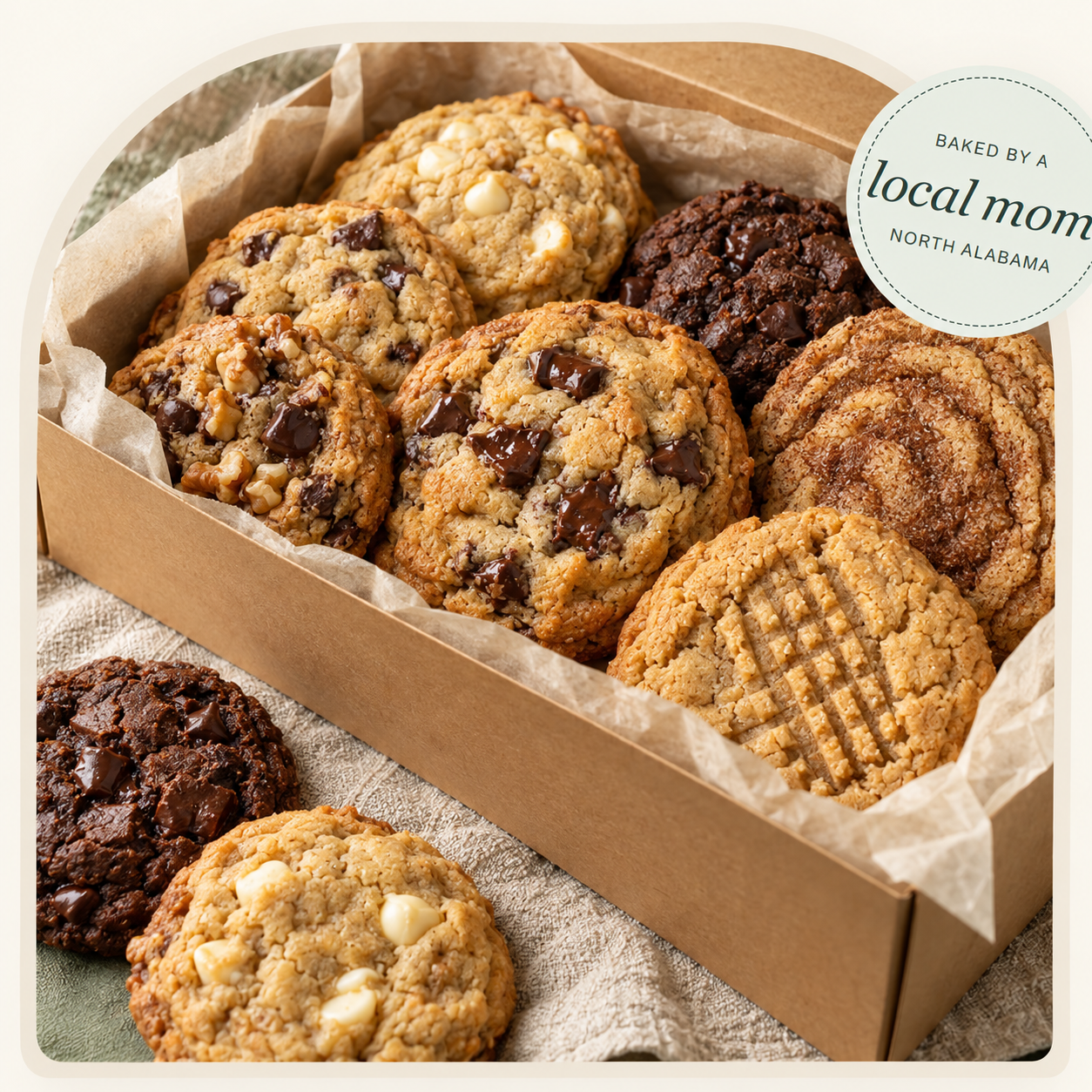 Illustrative box of Beck’s Bakery assorted cookies, using the supplied cookie references